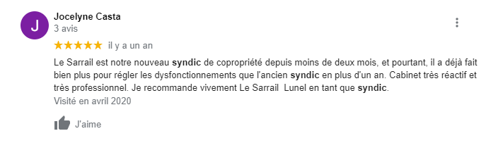 Avis client - Syndinc de Copropriété à Lunel - Cabinet Immobilier Le Sarrail